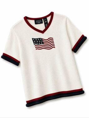 Crazy Horse Vintage American Flag V Neck Short Sleeve Patriotic Knit Sweater
